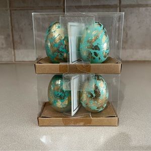 NEW Set/4 Decorative Easter Table Gold Leaf Teal/Green Egg Place Card Holders